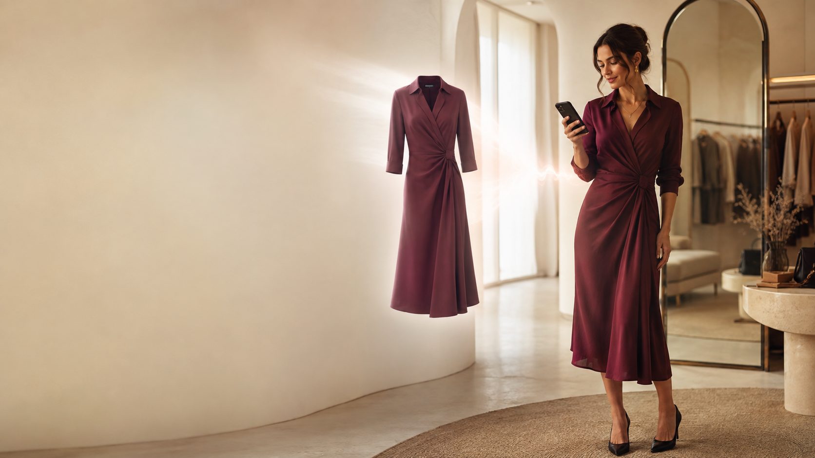 Person previewing a burgundy wrap dress on her phone in a softly lit dressing room