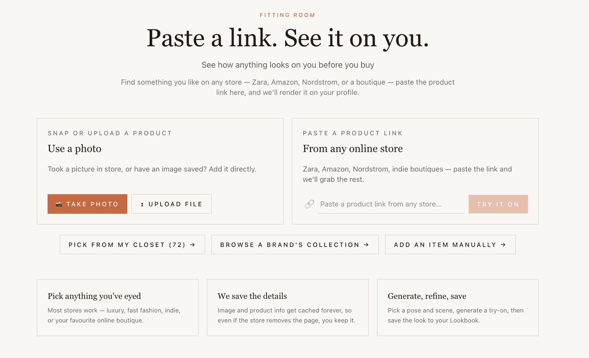 Dresr Fitting Room — paste a product link from any online store to render it on you